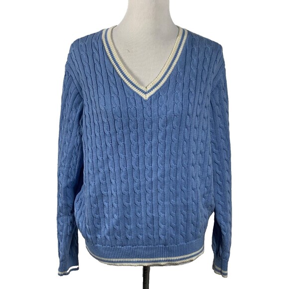 J Galt Cable Knit Cotton Blend Tennis Sweater Women O/S Blue Preppy - Picture 1 of 8